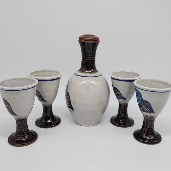 Studio Pottery Decanter and 4 Cups Blue Flowers Backstamped Fish VTG - Picture 5 of 11
